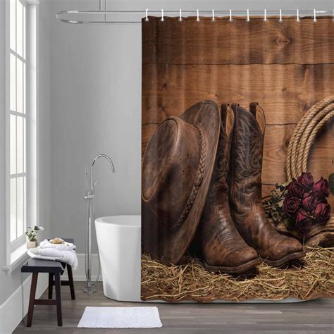 Cowboy Boots Hats Shower Curtain for Bathroom Decor, Red Rose Retro ...