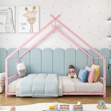 SESSLIFE Twin Size House Bed, Metal Floor Bed Frame with Roof and ...