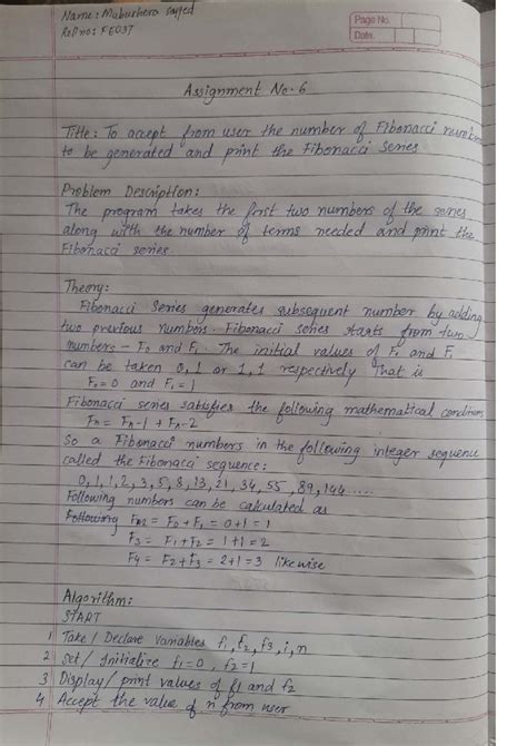 Assignment No. FE037: Fibonacci Sequence Generation and Theory - Studocu