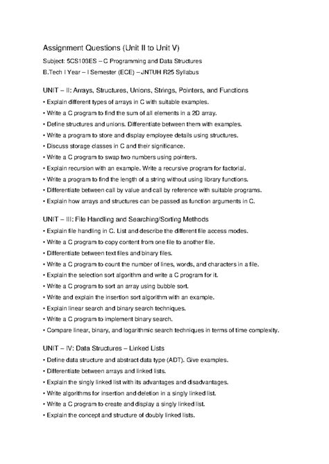 C Programming & Data Structures Assignment: Units II-V (5CS103ES) - Studocu
