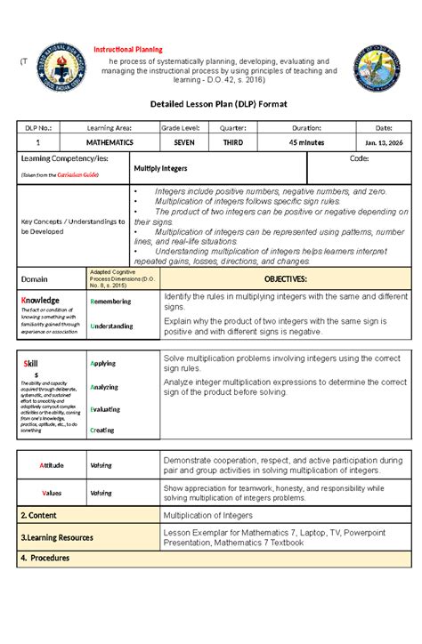 DLP 3: Detailed Lesson Plan on Multiplying Integers for Grade 7 - Studocu