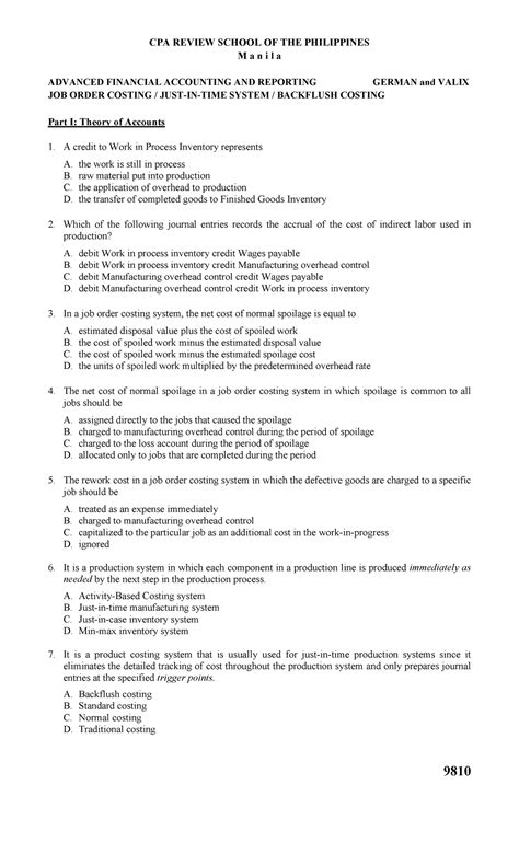 9810 - Job Order Costing & JIT Backflush Costing Overview - Studocu