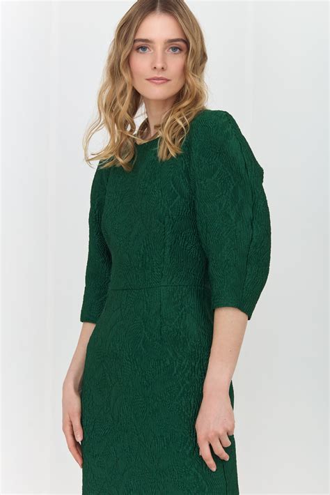 Emerald Green Jacquard Midi Dress with Puffed Sleeves NOLA | UNDRESS