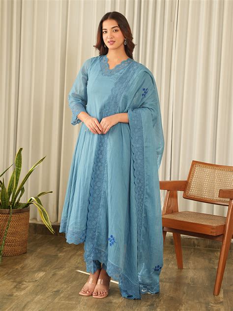 Blue Embroidered Kota Doria Suit - Set of 3