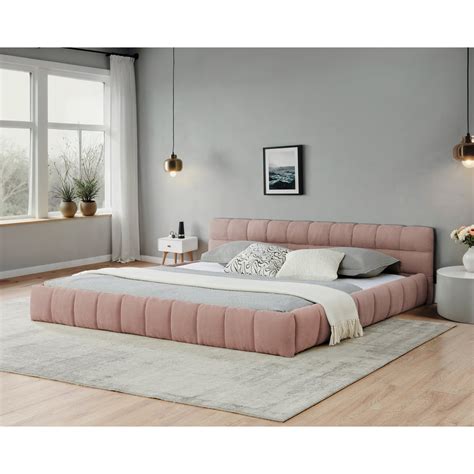 California King size Upholstered Bed Frame with Thick Fabric, Chenille Fabric Grounded Queen ...