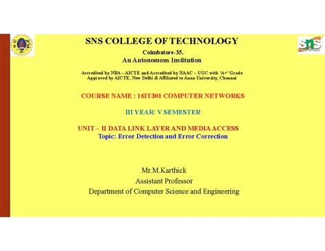 16IT301 Computer Networks: Data Link Layer Error Detection & Correction ...