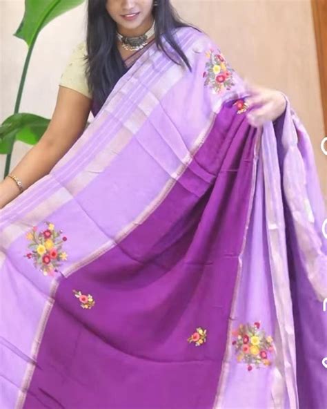 Chinnon Crape Saree French Knot Work Design and Golden Zari Gap Border ...