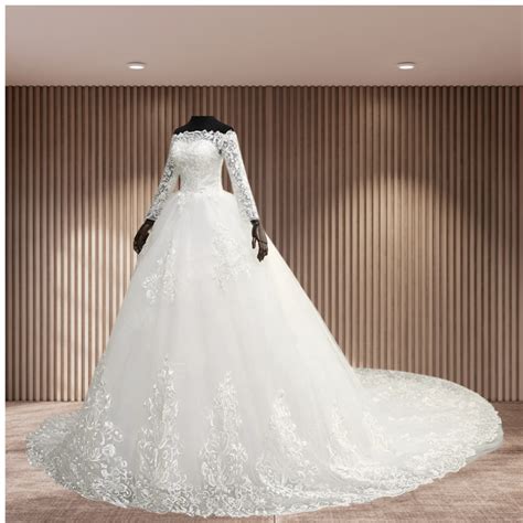 GownLink Royal White Wedding Gown Off Shoulder Long Train Bridal Dress