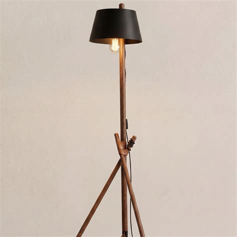 Kelza Wooden Tripod Floor Lamp with Black Shade Leather Base – Homekode
