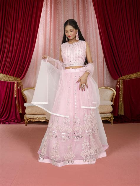 Beautiful mirror and stone work on this pink lehenga set for women by ...