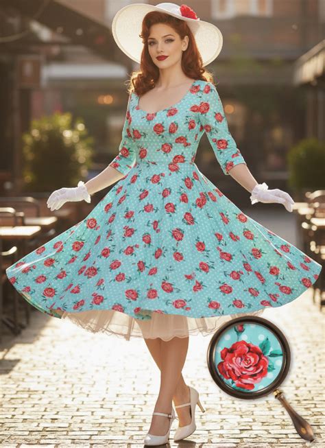 Vestido vintage azul de mujer, festivo con rosas "Scarlette" ️