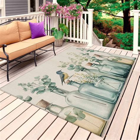 Teal Eucalyptus Leaves Outdoor Rug 5x7 Ft, Non Slip Washable Area Rug ...