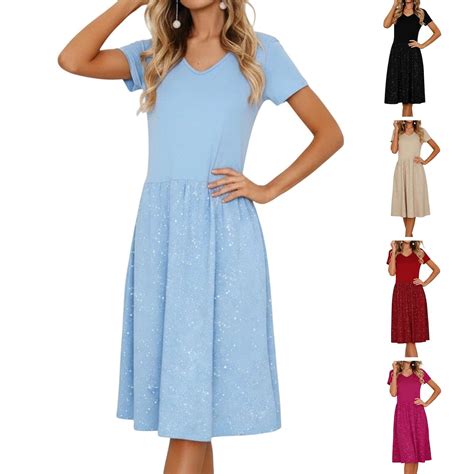 Sentmoon Plus Size Party Dress V Neck Solid Color Sundresses for Women ...