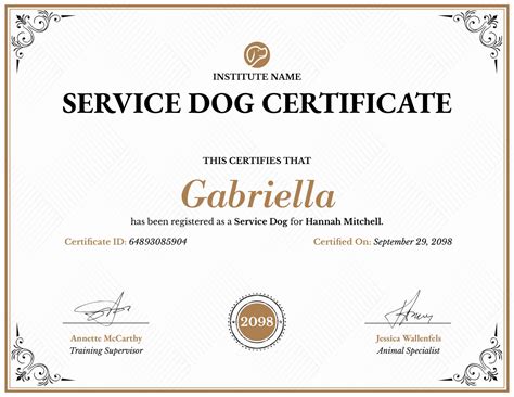 Gold and Green Service Dog Certificate Template - Highfile