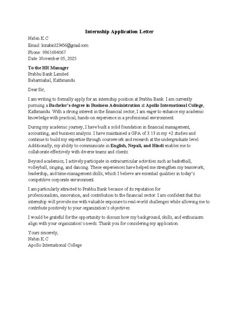 Internship Application Letter for Prabhu Bank - Nabin K.C. - Studocu