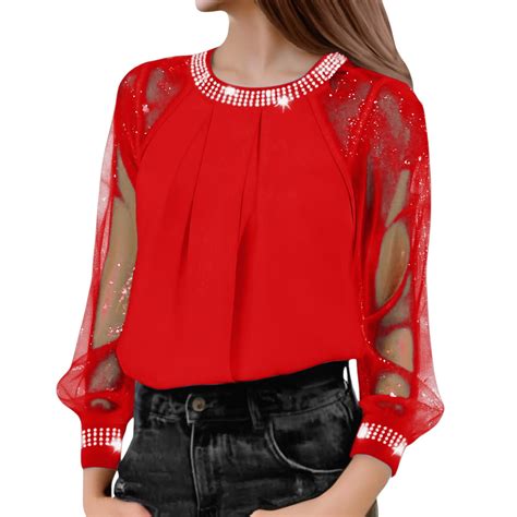 Long Sleeve Shirts for Women Solid Crew Neck T Shirt Casual Contrast ...