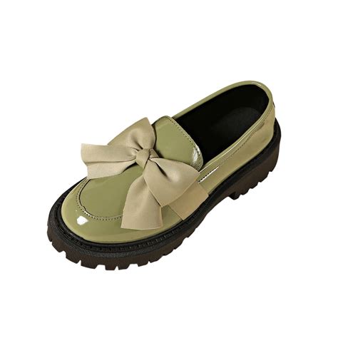 Army Green Women'S Loafers Fashion Flat Shoes Patent Leather Bow Decor ...
