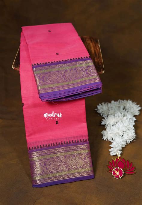 Rose Pink - Karthigai silk cotton temple sculpture border with Buttas ...