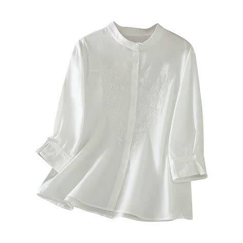 Fesfesfes Women's Casual Tee Delicate Hollow-Out Embroidered 3/4 Sleeved Stand up Collar Tops ...