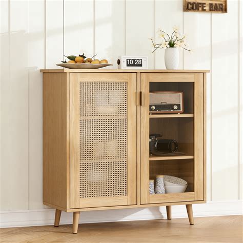 Conate Kitchen Sideboard Cabinet with Glass Doors, Rattan Sideboard ...