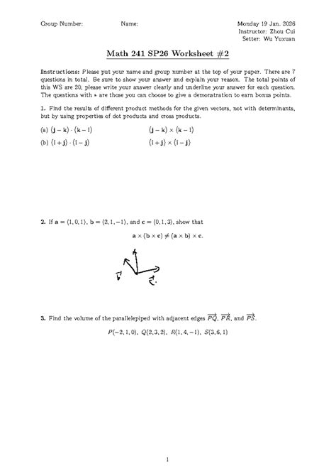 Math 241 SP26 Worksheet 2: Vector Calculations and Geometry - Studocu