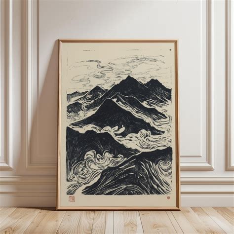 Japanese Ink Style Mountain Landscape Woodcut Nature Illustration Wall ...