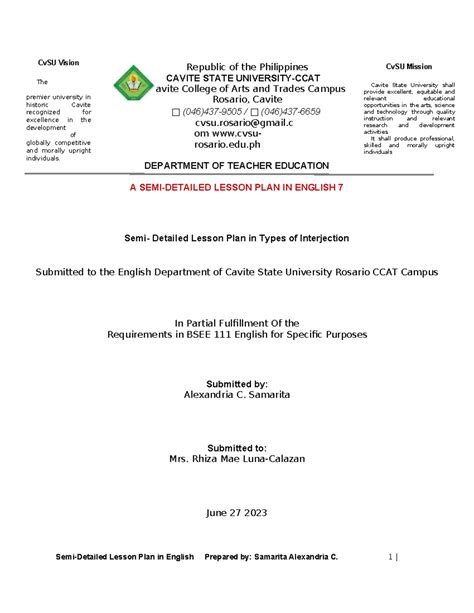 BSEE English 7 Lesson Plan: Types of Interjection by Samarita - Studocu