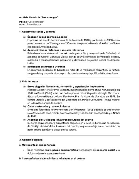 Análisis literario del poema "Los enemigos" de Pablo Neruda - Studocu