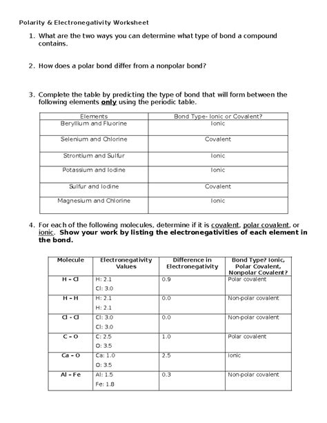 Polarity and Electronegativity Worksheet: Bond Types Analysis - Studocu