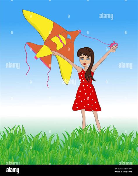 Kid with flying kite in field with blue sky outside Stock Vector Image ...
