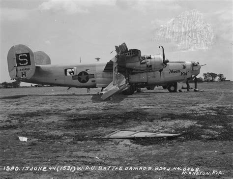 B-24J The Mean Kid of the 34th Bomb Group with extensive battle damage ...