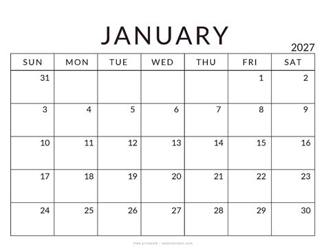 January 2027 Calendar Templates - Free Printable PDFs - CalendarKart