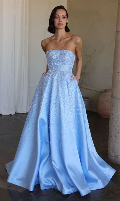 Long Pearl Strapless Prom Dress with Pockets– PromGirl