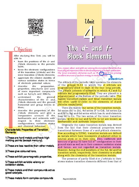 D and F Block Elements: Chapter 4 Overview for Class 12 NCERT Chemistry ...