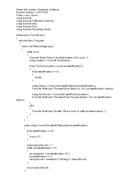 Prac01 - Practical 1: Decimal to Binary & Hex Conversion - Studocu