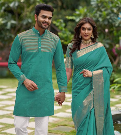 Rose Colored Silk Saree and Kurta Pajama Set for Couples – Archittam ...