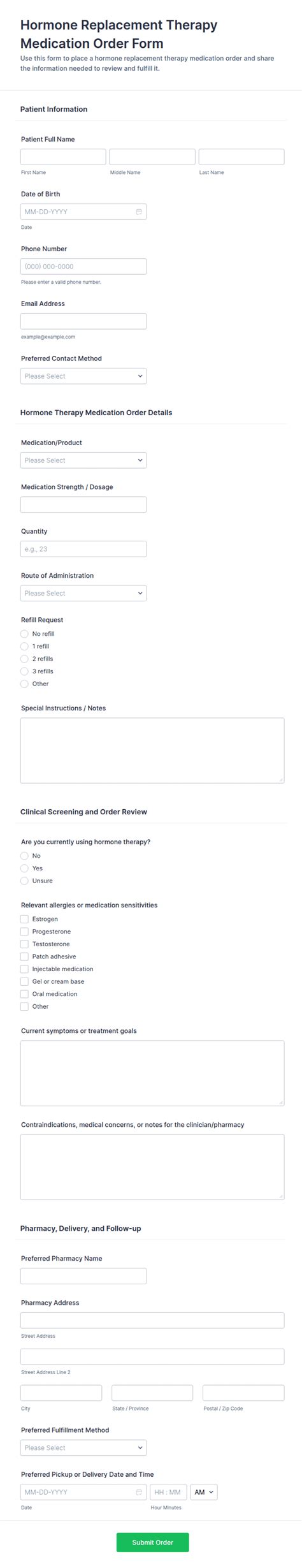 Hormone Replacement Therapy Medication Order Form Template | Jotform
