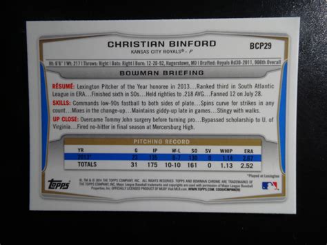 2014 Bowman Chrome #BCP29 Christian Binford Royals Baseball Rookie Card
