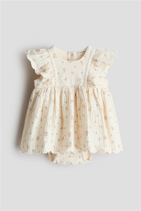 Cotton muslin bodysuit dress - Cream/Floral - Kids | H&M IN