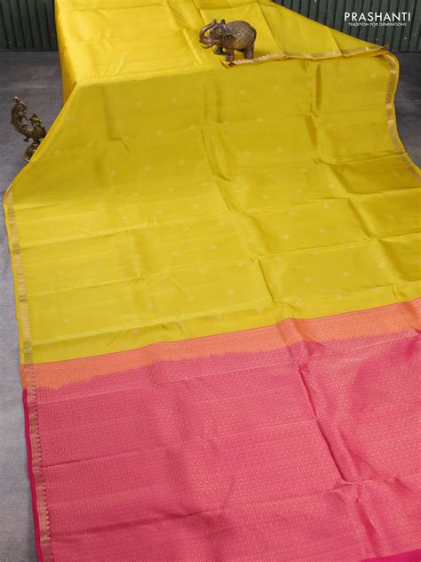 Kanchipuram silk saree lime yellow and pink with zari woven buttas and ...