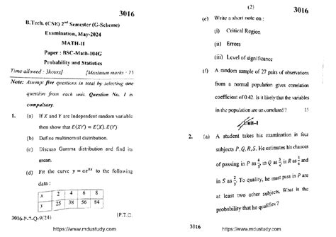 3016 B.Tech. (CSE) Probability and Statistics Exam Paper - M2 2024 PYQ ...