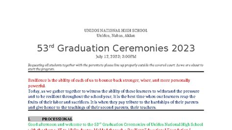 Unidos National High School 53rd Graduation Ceremonies Script 2023 ...