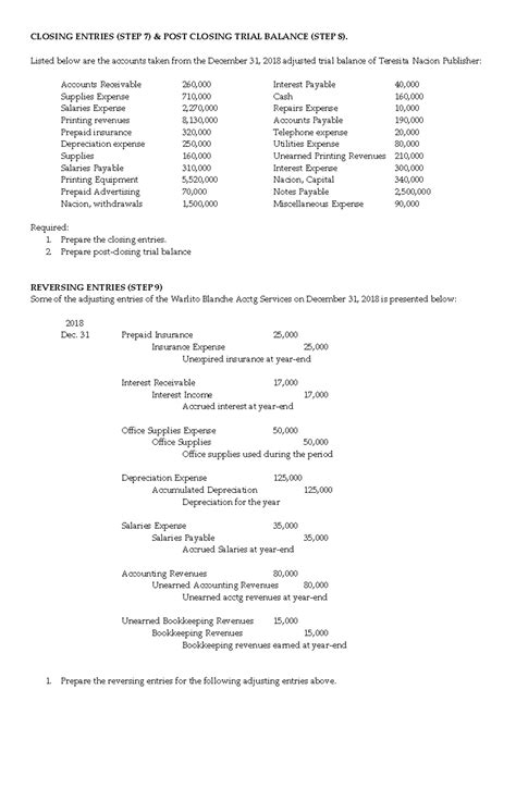 Closing Entries & Trial Balance (Steps 7-8) + Reversing Entries (Step 9) - Studocu