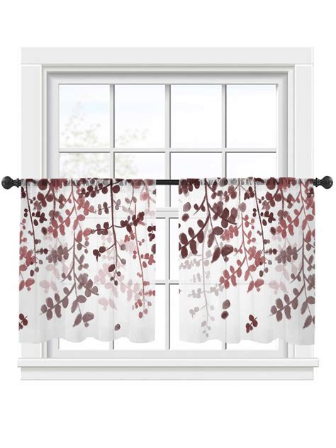 Dark Red Gradient Leaf Sheer Curtains 2 Panels Set Rustic Eucalyptus ...