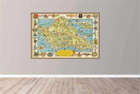 Vintage Oahu Map Art, Pictorial Island Cartograph, Hawaiian Wall Decor ...