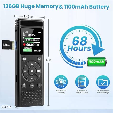 136GB Digital Voice Recorder with Playback, Audio Recording Device