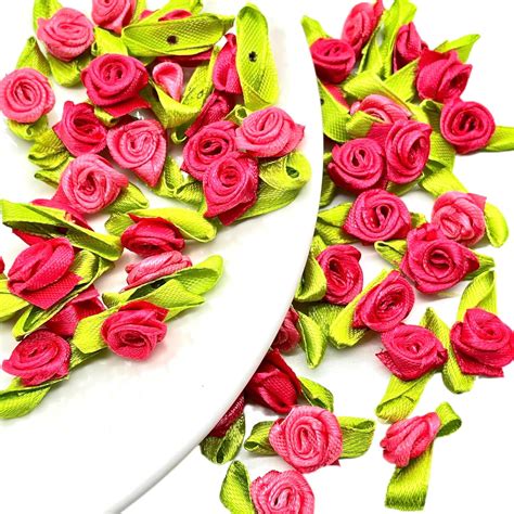 50 Pack Mini Ribbon Rose Artificial Flowers with Green Leaves for DIY ...