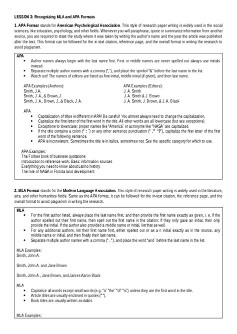 LESSON 3: Understanding MLA & APA Formats for Research - Studocu