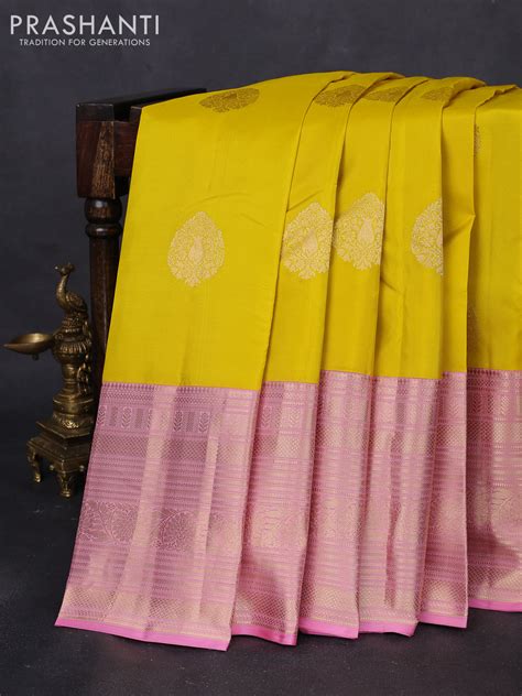Pure kanchipuram silk saree yellow and light pink with zari woven butt ...