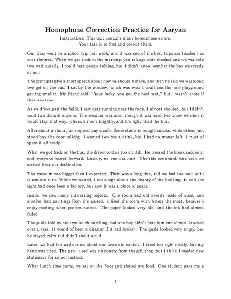 Homophone Correction Practice for Aaryan - Holiday Homework - Studocu